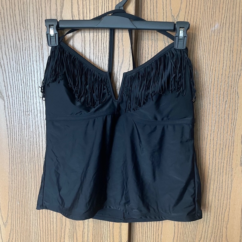 COLLECTIONS BY CATALINA BLACK SWIM TOP TANKINI SIZE XL FRINGE TASSELED BODICE
